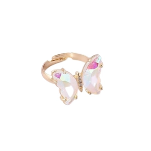 Adjustable golden butterfly ring with iridescent wings and shimmering zircon accents