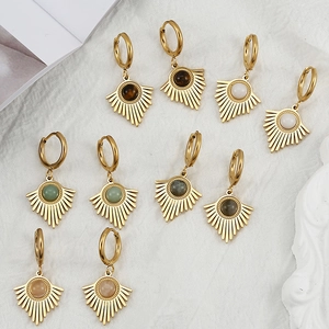 Stainless steel gold plated triangle hoop earrings with round natural stones in five colors