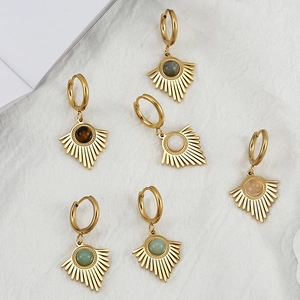 Bohemian gold plated stainless steel triangle earrings with round natural stone inlays