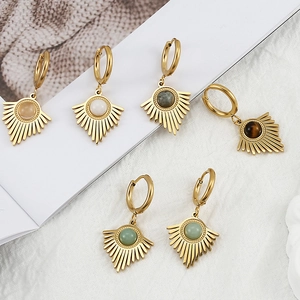 Set of gold stainless steel hoop earrings with colorful triangular stone pendants