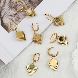 Gold stainless steel sunburst earrings with diverse natural gemstones in boho vintage style