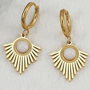Macro view of gold stainless steel hoop earrings with radiating fan pendants and white stones