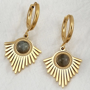 Detail of gold fan-shaped hoop earrings with grey natural stone on white fabric