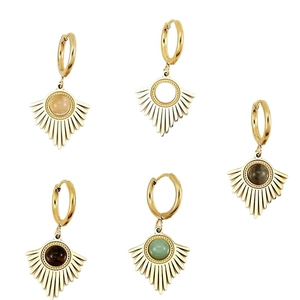 Gold-plated geometric fan-shaped earrings with colorful natural stone inlays