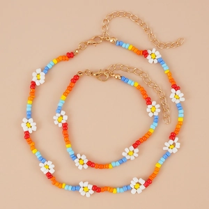 Handmade Rainbow Seed Bead White Daisy Flower Necklace And Bracelet For Women Summer Bohemian Fashion Jewelry