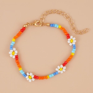 Colorful beaded daisy necklace for women with vibrant flower accents and gold lobster clasp