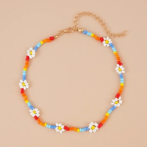 Colorful beaded flower necklace with handmade daisies and adjustable gold-tone clasp
