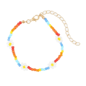 Colorful beaded daisy flower necklace and bracelet set with golden lobster clasp and chain