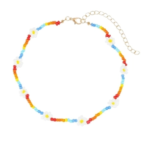 Colorful handmade seed bead necklace with white daisy flowers and golden clasp detail