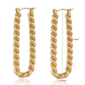 Golden twisted rectangle hoop earrings in stainless steel, size 4.3cm by 3mm width