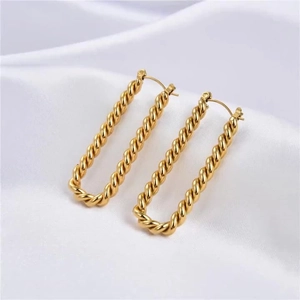 Minimalist gold twisted rectangular hoop earrings in stainless steel for women