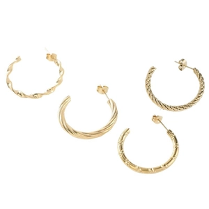 Boucles d'oreilles créoles dorées en acier titane avec quatre textures de surface uniques