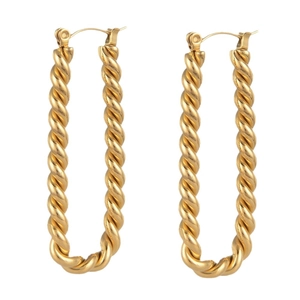 Minimalist twisted rope rectangular gold earrings in polished stainless steel for women