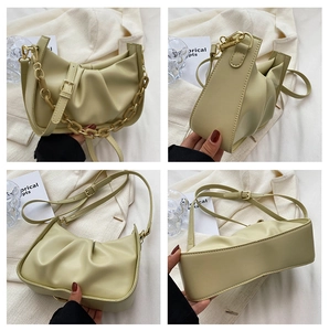 Four-view detail of pale yellow pleated dumpling bag with acrylic chain and adjustable strap