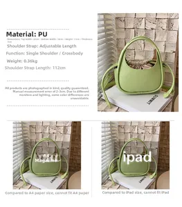 Détail du sac à main vert en PU avec dimensions et comparaison de taille de l'article