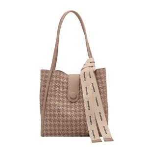 Large houndstooth tote bag in beige and brown with adjustable leather straps