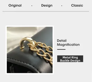 Close-up of golden hardware buckle and metal chain strap on black leather crossbody bag