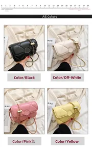Vue détaillée des sacs à bandoulière matelassés en noir, beige, rose et jaune avec chaîne