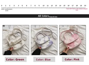 Détails des sacs à main plissés en beige, bleu et rose avec mesures de taille précises