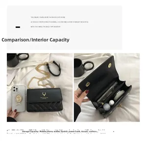 Detailed view of black quilted crossbody bag with gold chain and interior compartments