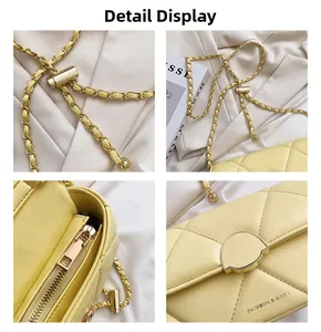 Détails du sac matelassé jaune clair en cuir PU avec bandoulière chaîne et fermoir
