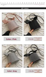 Detail of four colorful rhinestone bucket bags with ear accents and drawstring closure