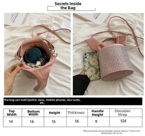 Detailed size guide for pink rhinestone bucket bag including dimensions and capacity