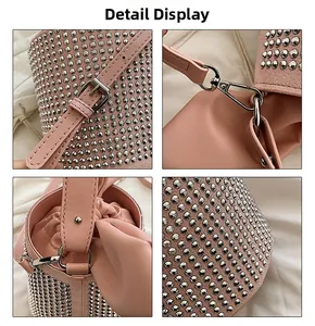 Detailed views of pink cylindrical bucket bag with silver studs and drawstring closure