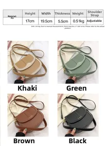 Size chart and dimensions for PU leather saddle shoulder bag with adjustable strap