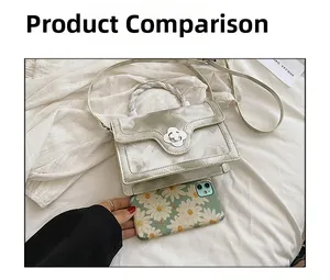 Size reference of beige textured crossbody bag with petal lock next to a smartphone