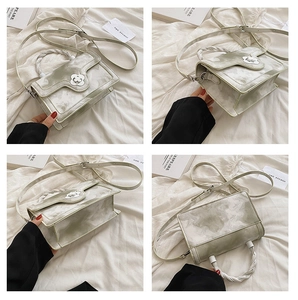 Detailed four-angle view of a sage green marble pattern handbag with a floral clasp