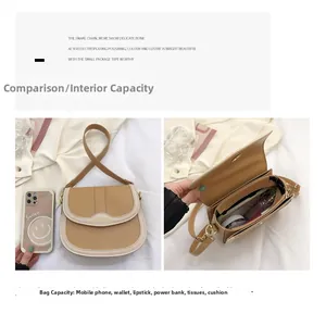 Detail view of brown and white saddle bag showing both exterior and interior storage