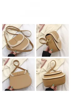 Detail view of the khaki saddle bag showing the front, side, and back with metallic buckles