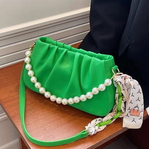 Ruched Pleated Underarm Shoulder Bag PU Leather Cloud Shape With Artificial Pearl Chain And Scarf Wrapped Handle Fashion For Women