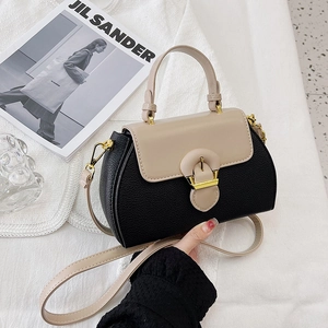 Women Contrast Color PU Leather Handbag Retro Flap Shoulder Bag With Top Handle And Crossbody Strap Fashion