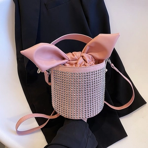 Rhinestone Bucket Bag PU Leather Sparkly Rivet Bow Handbag Crossbody Shoulder Purse Drawstring Trendy Women Fashion