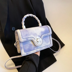 Women Shoulder Bag PU Leather Marble Cloud Pattern Flower Rotary Lock Woven Handle Crossbody Small Square Handbag Fashion