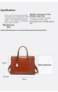 Detailed size comparison of the 3-piece brown crocodile pattern handbag set with an iPad