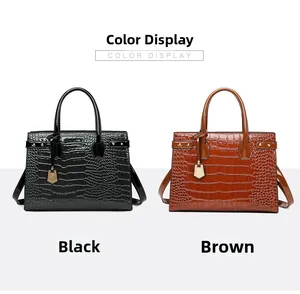 Detail view of crocodile pattern textures in black and brown faux leather handbags
