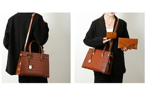 Detailed view of brown crocodile texture on luxury three-piece handbag set with shoulder strap