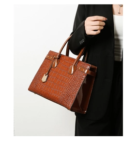 Detail of a brown crocodile texture handbag showing smooth patent leather contrast handles