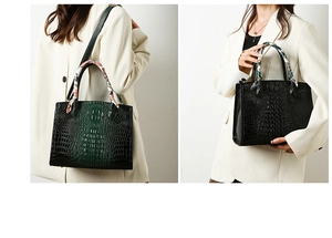 Detalle de bolsos con patrón de cocodrilo y pañuelos de seda en negro y verde