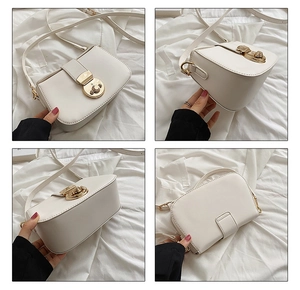 Multi-angle views of beige minimalist crossbody bag with golden metal buckle clasp