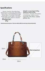 Tabla de tallas detallada para el conjunto de tres bolsos con estampado de cocodrilo