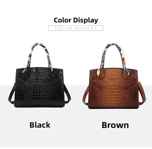 Vista detallada de bolsos de cocodrilo negros y marrones con decoración de seda