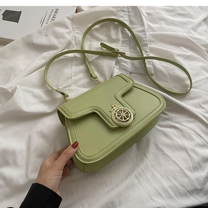 Detail of light green crossbody bag featuring a golden crown metal clasp and smooth finish