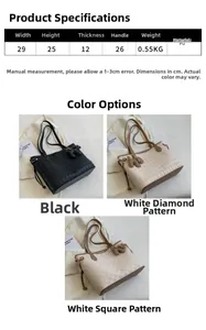 Detailed size chart and three color options for the large capacity PU tote shoulder bag