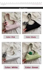 Detailed view of checkered half-moon shoulder bags in pink, black, white, and green