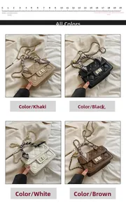 Detailed grid view of quilted crossbody bags in khaki, black, white, and brown with silk scarf