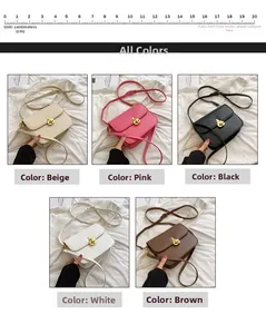 Collage showing five minimalist leather crossbody bags in beige pink black white and brown